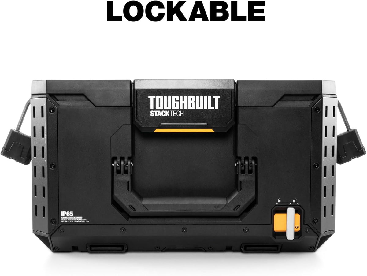 Coffret à outils pratiques ToughBuilt StackTech grand format avec interface à verrouillage automatique, couvercle auto-alignant, loquet à une main, rails pour accessoires, points de verrouillage et protection IP65
