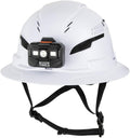 Casque de chantier Klein Tools 60407T2RL de type 2, à large bord ventilé, classe C, doté de jugulaire, suspension à 6 points doté de fixations destiné à accessoires, rembourrage lavable et lampe frontale rechargeable.