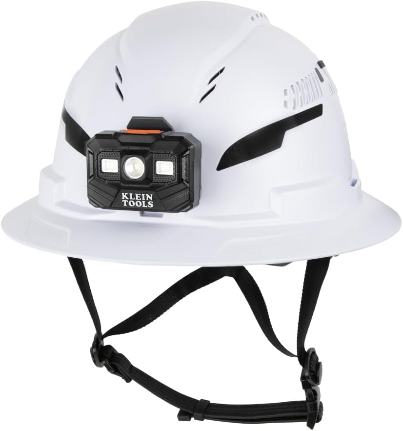 Casque de chantier Klein Tools 60407T2RL de type 2, à large bord ventilé, classe C, doté de jugulaire, suspension à 6 points doté de fixations destiné à accessoires, rembourrage lavable et lampe frontale rechargeable.
