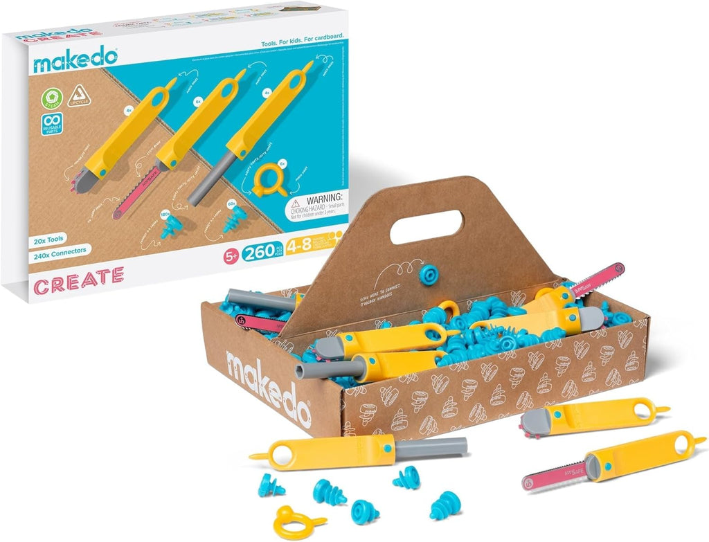 Makedo Create | Ensemble d'équipements de construction en carton recyclé (260 pièces) | Jouets éducatifs STEM + STEAM destiné à jouer à la maison et apprendre en classe | équipements réutilisables destiné à les enfants de 5 ans et plus