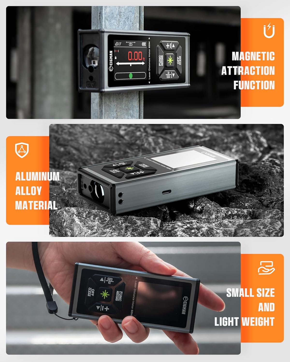 Dispositif de mesure laser CIGMAN 393 pi/120 m, télémètre laser vert bilatéral rechargeable doté de niveau à bulle, mesure laser doté de unités multiples pi/po/m, écran IPS rétroéclairé, calculs pythagoriciens/surface/volume
