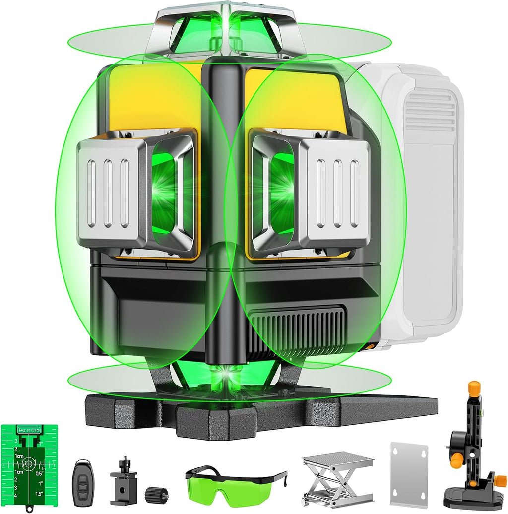 Niveau laser DIYtoolifz compatible doté de batterie DeWalt 20 V, autonivelant 4D 4x360°, outil de niveau laser vert 4 voies à 16 lignes destiné à projets de construction, carrelage, rénovation, utilisation intérieure, sans pile