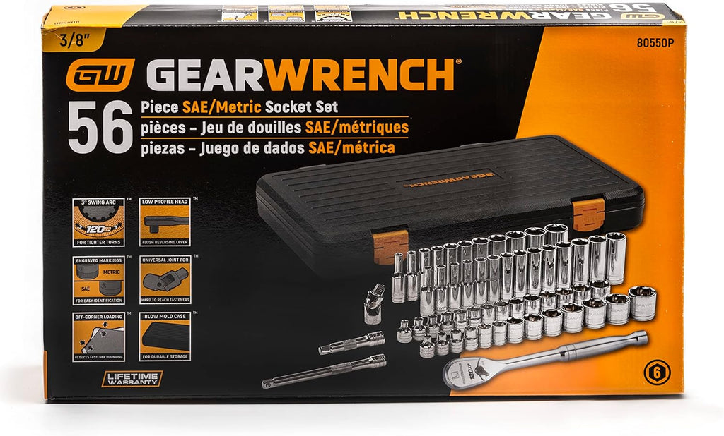 Ensemble d'équipements de mécanicien GEARWRENCH 56 pièces, entraînement 3/8", 6 pans, 120XP, standard et profond, SAE/métrique - 80550P