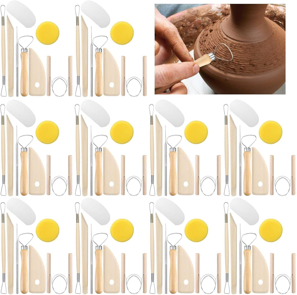 ensemble d'équipements de poterie Leriton 320 pièces destiné à modelage et sculpture d'argile : équipements de coupe, de modelage et de finition doté de manches en bois, idéal destiné à les débutants.