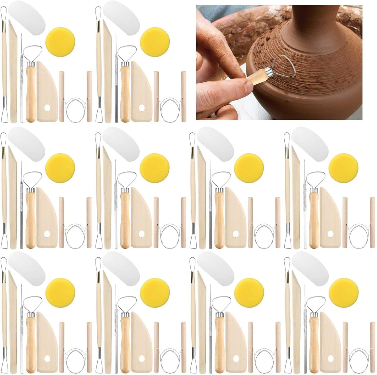ensemble d'équipements de poterie Leriton 320 pièces destiné à modelage et sculpture d'argile : équipements de coupe, de modelage et de finition doté de manches en bois, idéal destiné à les débutants.