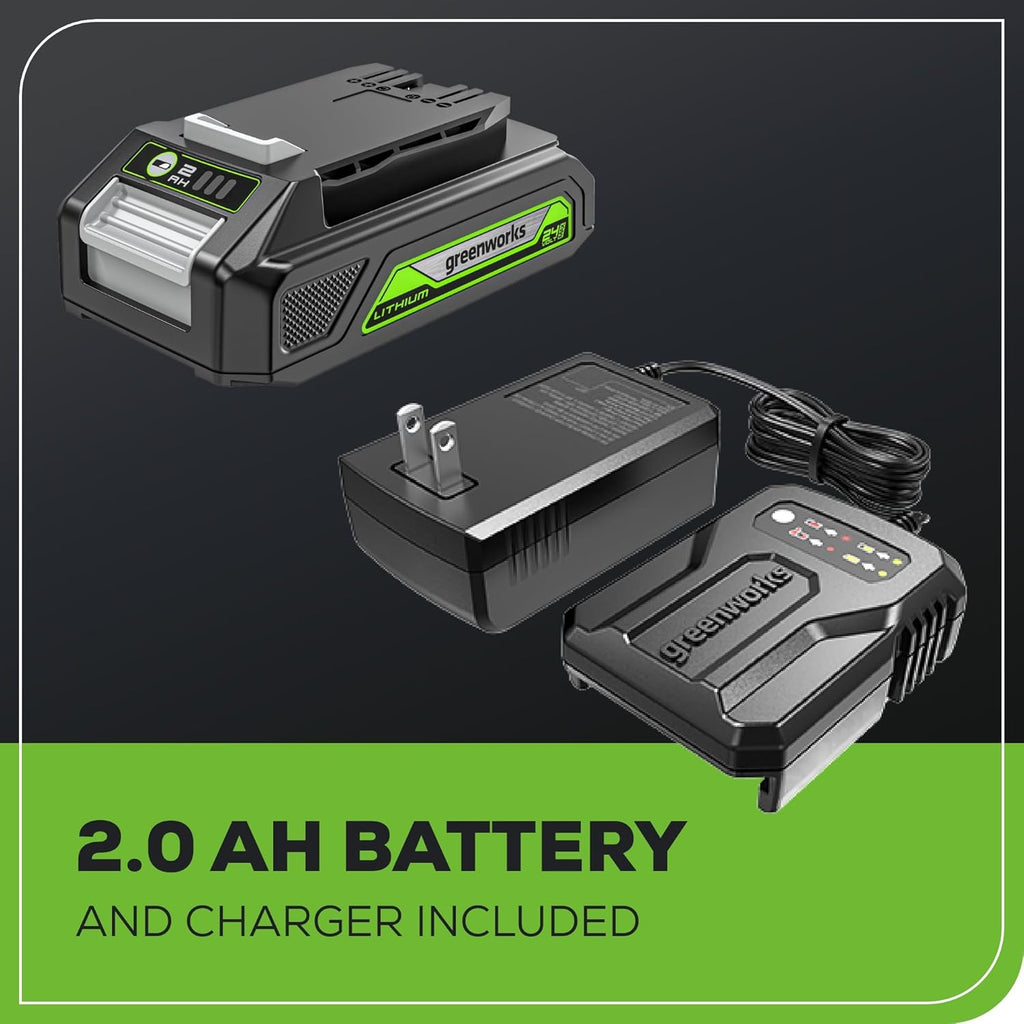 Dispositif multifonction sans fil Greenworks 24 V, outil oscillant destiné à couper, clouer, gratter et poncer, doté de 6 vitesses variables, batterie 2,0 Ah, chargeur 2 A et 13 accessoires inclus.