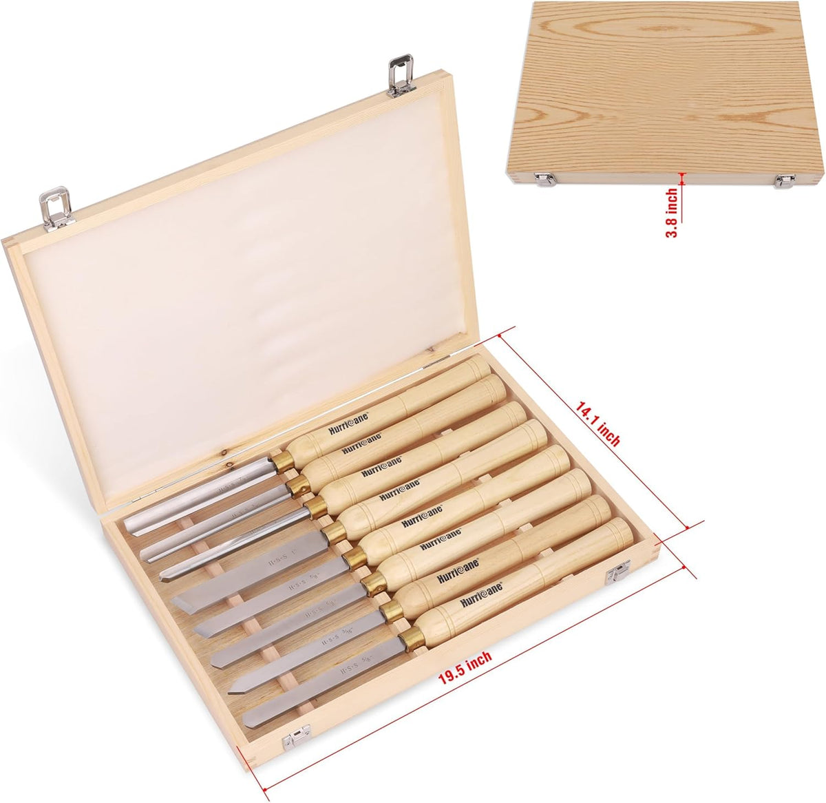 Ensemble de 8 ciseaux à bois HURRICANE destiné à tour à bois, équipements de tournage M2 HSS doté de 10 manches en bois massif, ensemble d'équipements destiné à débutants et bricoleurs, coffret de protection en bois inclus.