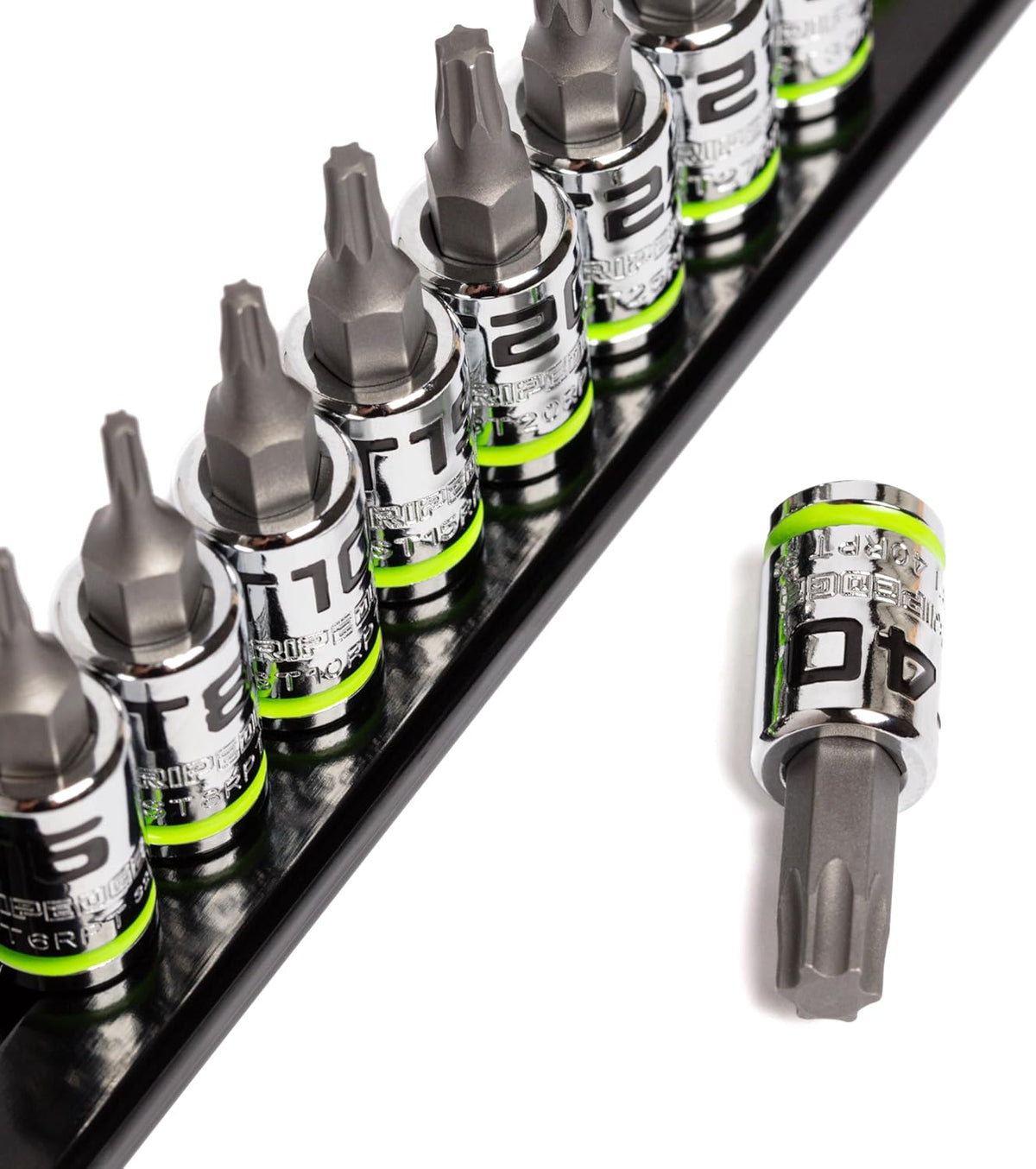 équipements GRIPEDGE | Ensemble de 9 tournevis Torx RPT | Tailles T6 à T40 | Entraînement 1/4" | Fabriqué en acier S2 | Comprend un rail de douilles en aluminium de qualité supérieure |