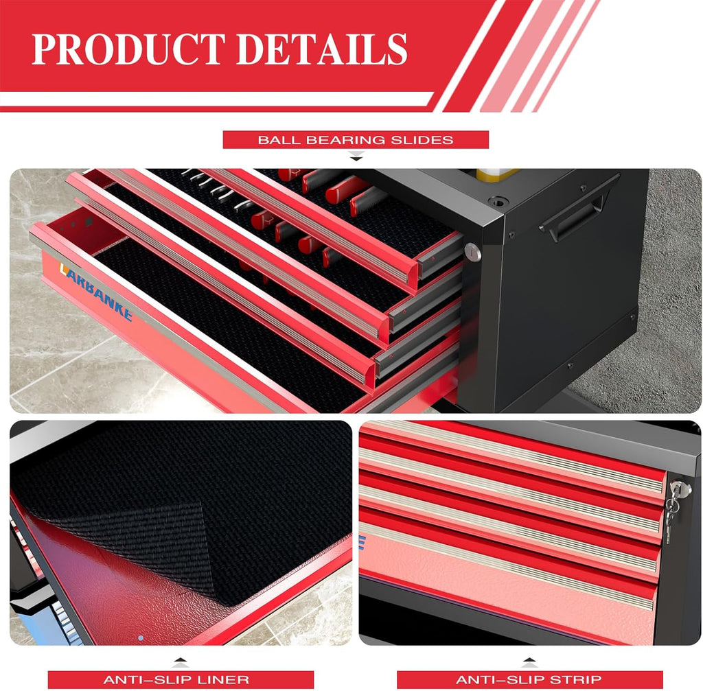 Coffre à outils LARBANKE à 4 tiroirs, coffre à outils portable avec serrure et clés, plateau étanche et antirouille, coins anti-collision, barres de connexion spéciales pour l'empilage avec un coffre à outils à 5 ou 7 tiroirs. – Pratique