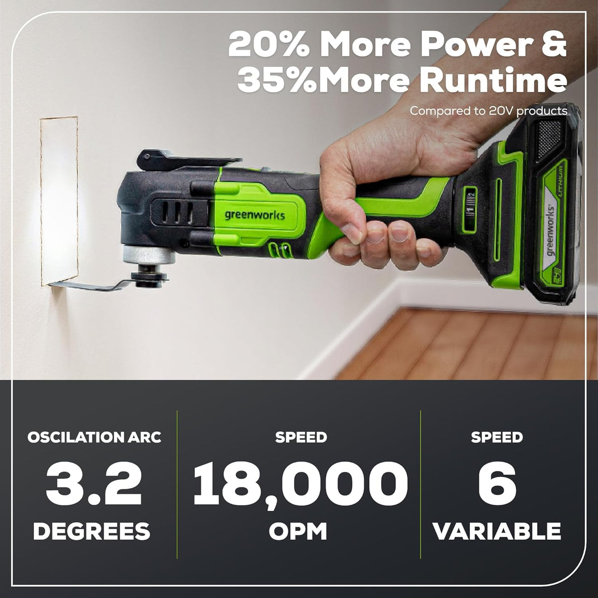 Dispositif multifonction sans fil Greenworks 24 V, outil oscillant destiné à couper, clouer, gratter et poncer, doté de 6 vitesses variables, batterie 2,0 Ah, chargeur 2 A et 13 accessoires inclus.