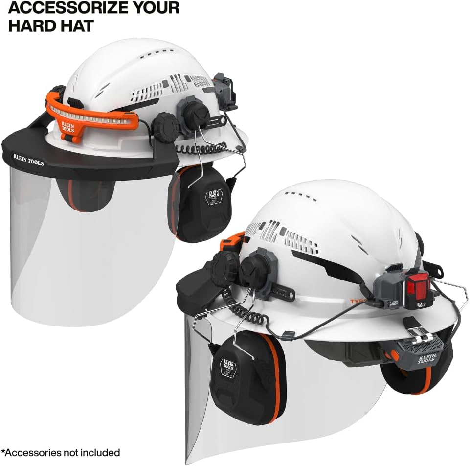 Casque de chantier Klein Tools 60407T2RL de type 2, à large bord ventilé, classe C, doté de jugulaire, suspension à 6 points doté de fixations destiné à accessoires, rembourrage lavable et lampe frontale rechargeable.