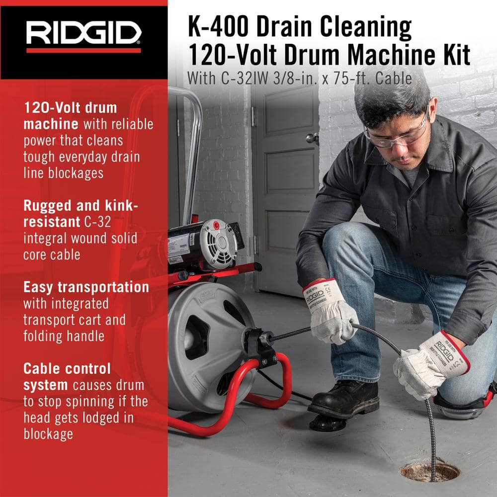 Déboucheur de canalisations K-400, machine à tambour 120 volts doté de câble C-32IW 3/8 po x 75 pi + ensemble d'équipements 4 pièces et gants 52363