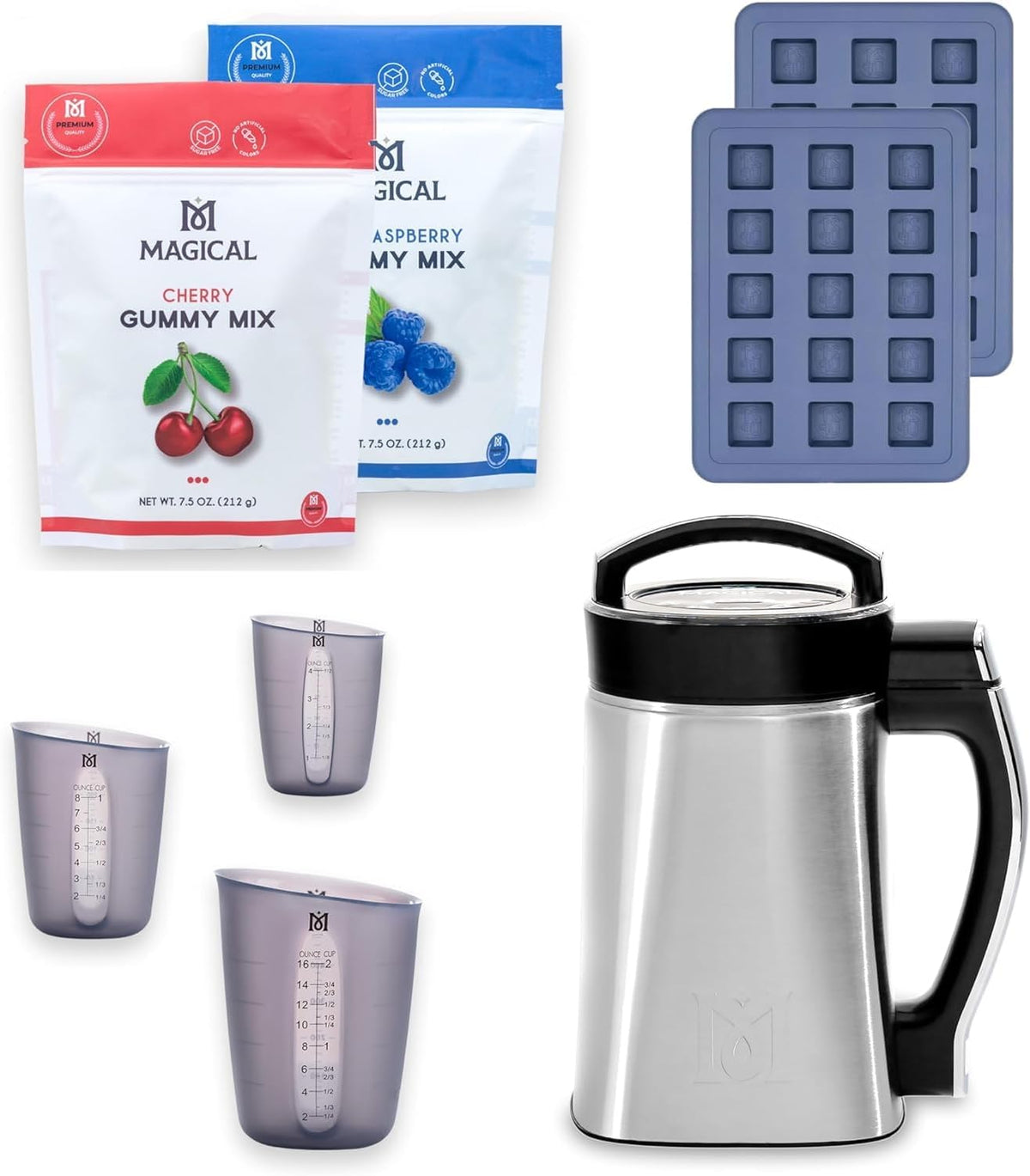 Kit Magical Butter Premium destiné à infusion et bonbons gélifiés – Machine MB2E, moule en silicone de 8 ml, tasses à mesurer, mélange sans sucre cerise et framboise bleue