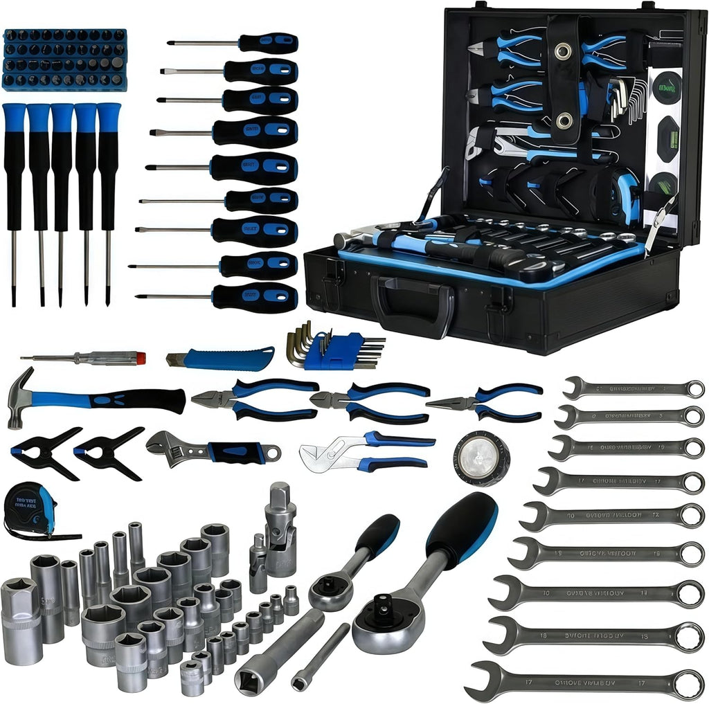 Coffret d'outils de mécanicien 247 pièces, coffret à outils en aluminium de qualité supérieure avec outils inclus, kit d'outils de réparation générale pour la maison, l'automobile et le bricolage, jeu de clés à douille 1/4 et 1/2, bleu