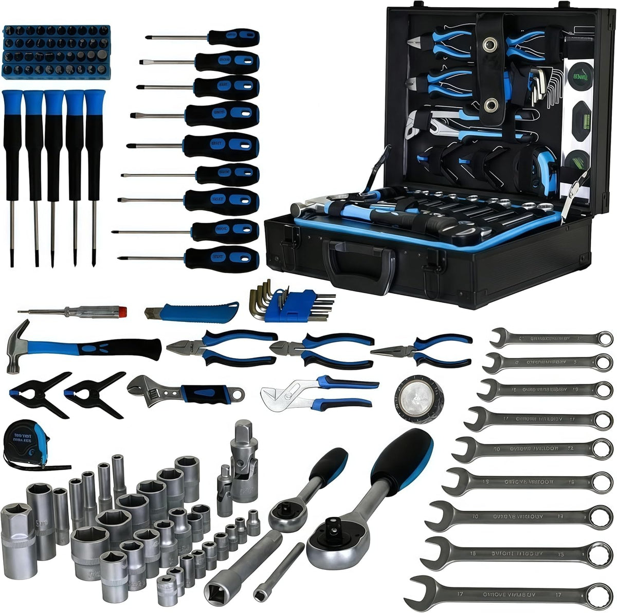 Coffret d'outils de mécanicien 247 pièces, coffret à outils en aluminium de qualité supérieure avec outils inclus, kit d'outils de réparation générale pour la maison, l'automobile et le bricolage, jeu de clés à douille 1/4 et 1/2, bleu