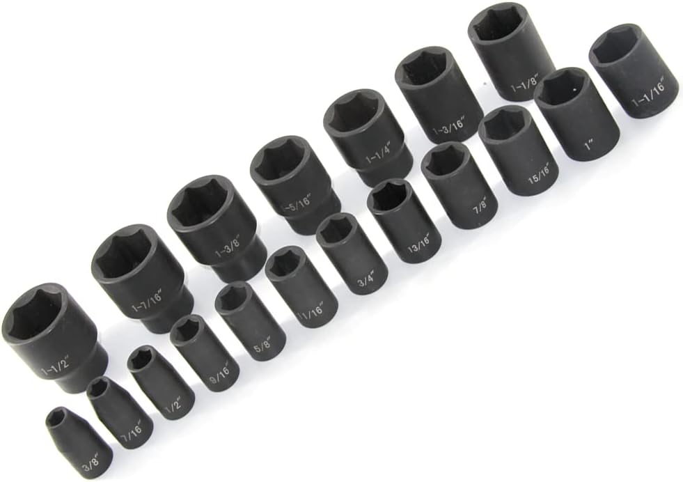 Ensemble de 19 douilles à impact MacWork, entraînement 1/2 pouce, standard/courtes, SAE, 3/8 à 1-1/2 pouce, acier allié CR-V et Cr-Mo, conception hexagonale à 6 pans arrondis.