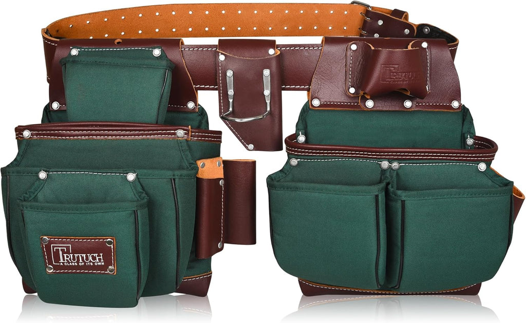 Ceinture porte-équipements en nylon et cuir | Sacoche/pochette destiné à équipements de charpenterie | destiné à charpentiers, ouvriers du bâtiment, charpentiers et électriciens (Vert)