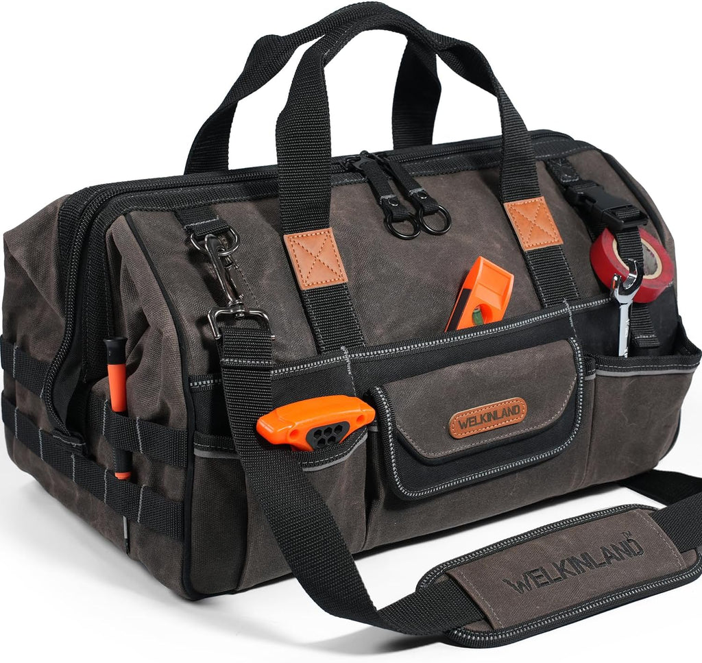 Sac à équipements WELKINLAND 45,7 cm (18 pouces) en toile cirée, sac à équipements électrique robuste, sac à équipements à grande ouverture et 28 poches, sac à équipements de 36 L destiné à hommes, sac à équipements CVC à accès rapide