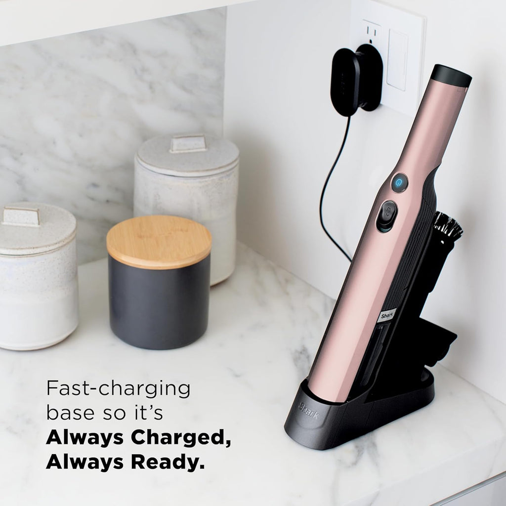 Aspirateur à main sans fil Shark WANDVAC, léger et portable (635 g), aspiration puissante, station de charge, vidage facile destiné à la voiture et la maison, accessoire multi-surfaces destiné à animaux et suceur plat, or rose, WV201RGBRN