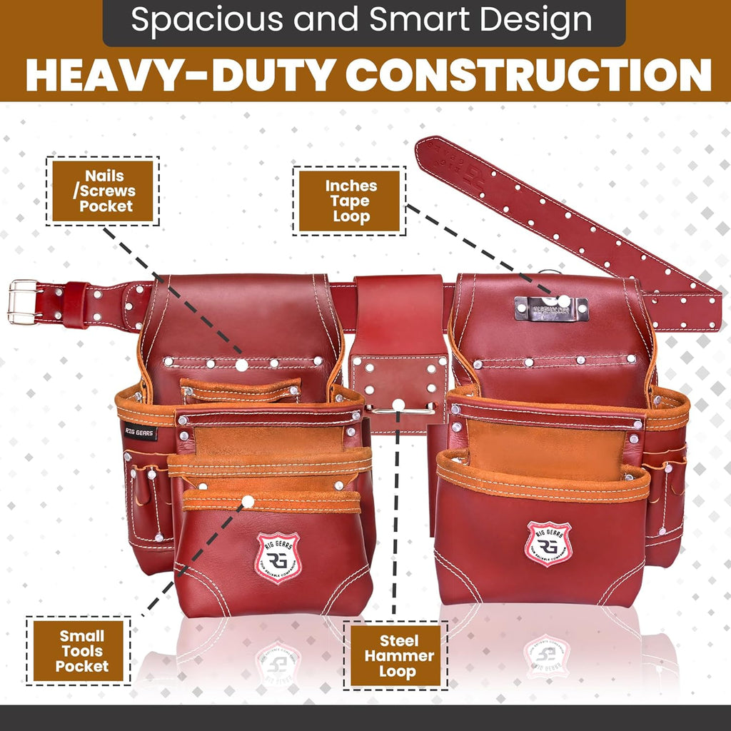 Ensemble de 11 pochettes à équipements professionnelles en cuir destiné à équipements de charpentier et d'électricien | Pochette robuste destiné à équipements de plaquiste, d'électricien et de charpentier (bordeaux, standard)