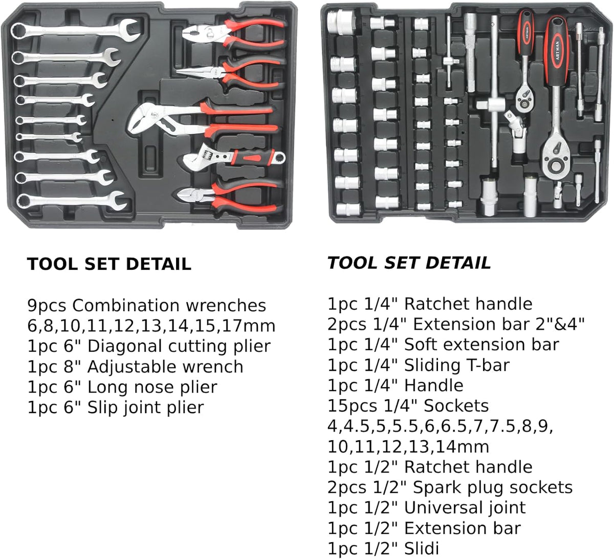 Coffret d'outils pratiques pour la maison et l'automobile - 899 pièces. Coffret d'outils à roulettes, ensemble complet d'outils à main, idéal pour les particuliers, les bricoleurs et les hommes à tout faire.