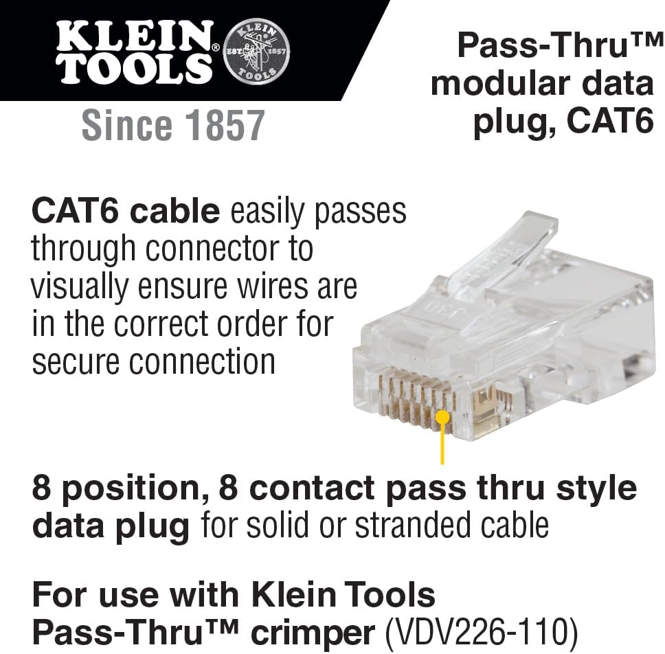 Ensemble de testeur de câbles RJ45 Klein Tools 80072 doté de LAN Scout Jr. 2, outil de sertissage/dénudage/coupe coaxial et paquet de 50 fiches de données modulaires traversantes