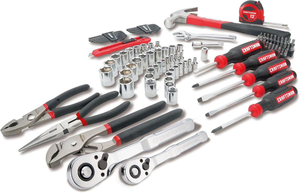 Ensemble d'équipements CRAFTSMAN 102 pièces destiné à la maison et la voiture, ensemble d'équipements à main durables doté de jeu de douilles SAE et métriques, tournevis, clé, marteau, pinces, couteau, clés hexagonales, embouts spéciaux, ruban à...
