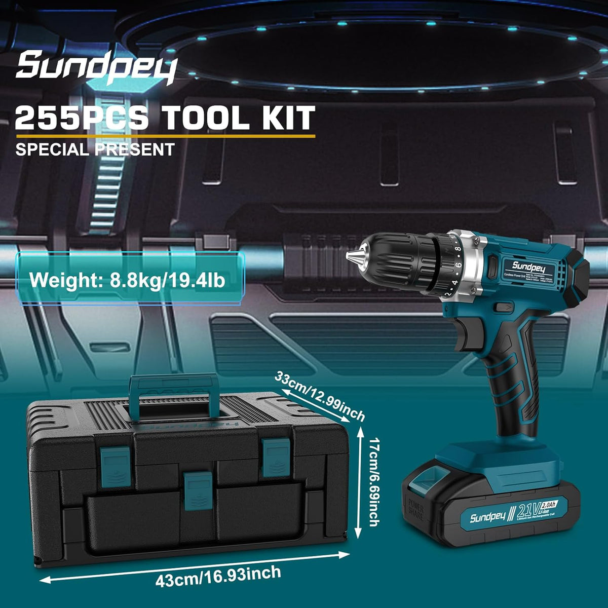 Ensemble d'équipements doté de perceuse sans fil 21 V - Sundpey 255 pièces, ensemble d'équipements de base portables destiné à la maison et l'automobile doté de tiroir, idéal destiné à les bricoleurs et les propriétaires - Perceuse électrique...