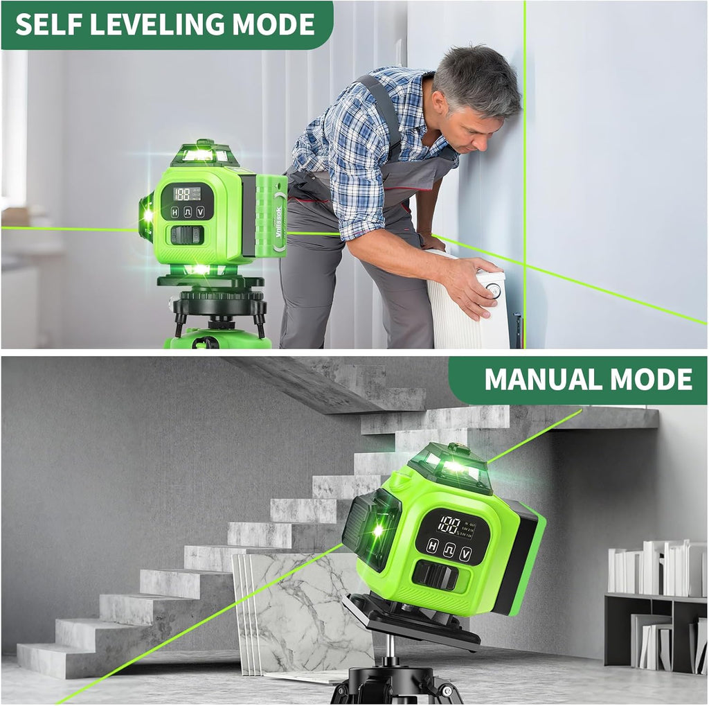Niveau laser 16 lignes à nivellement automatique 360°, niveau laser pour usage professionnel 4D à lignes croisées vertes 4x360° doté de 2 piles, destiné à la construction et l'accrochage de tableaux, outil de nivellement horizontal (vert)