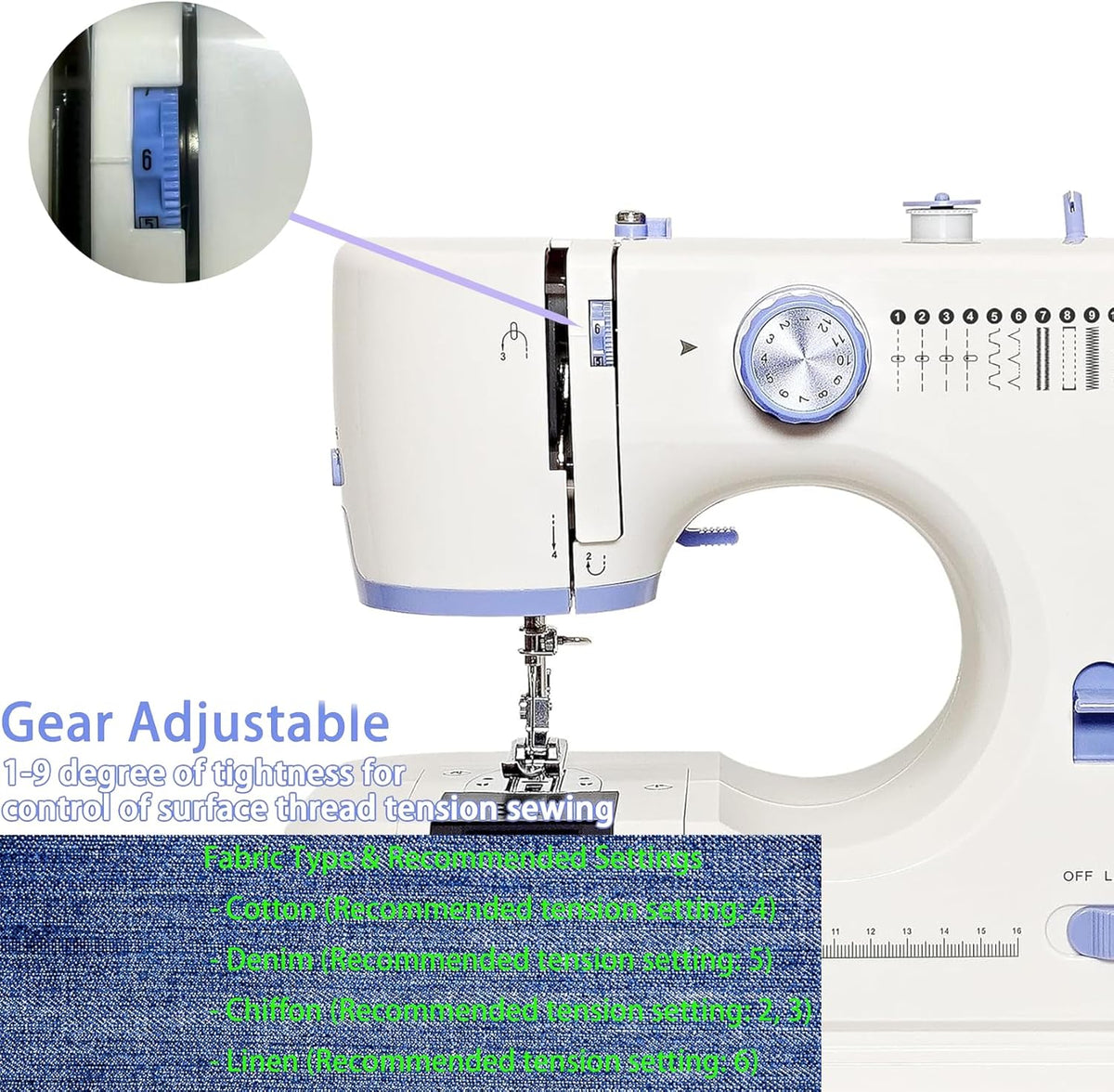 Machine à coudre destiné à débutants doté de 12 points intégrés, petite machine à coudre doté de kit d'accessoires, mini machine à coudre 2 vitesses (rapide et lente)