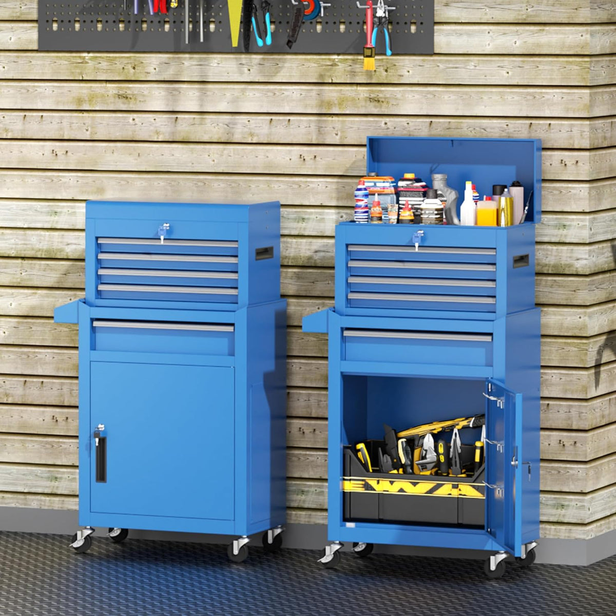 Coffre à outils bleu INTERGREAT, coffre à outils roulant à 5 tiroirs avec boîte à outils supérieure amovible, coffre à outils avec roues universelles verrouillables, servante à outils en métal pour garage, atelier, salon de coiffure