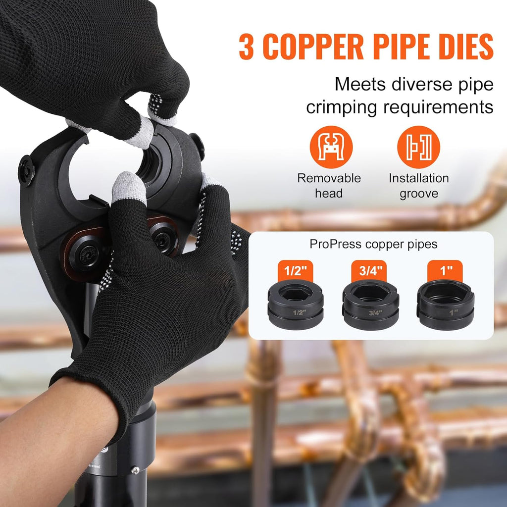 Dispositif de sertissage de tubes en cuivre VEVOR, presse hydraulique doté de mâchoires de 1/2, 3/4 et 1 pouce, sertisseur de tubes en cuivre destiné à espaces restreints et raccords en T