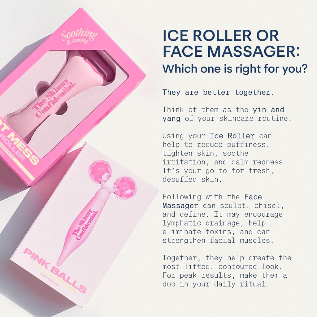 Rouleau de massage facial Skinny Confidential - Rouleau de massage à billes roses destiné à les yeux et le visage - Dispositif de massage du visage destiné à les rides et ridules, sculpte, redessine les contours, raffermit et décongestionne la peau