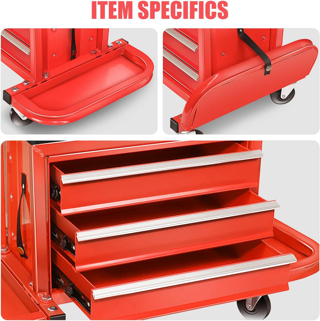 Coffre à outils à 3 tiroirs DNA Motoring TOOLS-00261 avec siège de mécanicien roulant et plateaux à outils, capacité de charge maximale de 159 kg (350 lb), rouge – Pratique