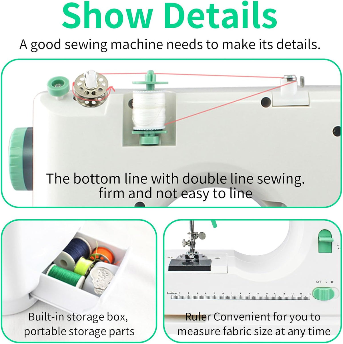 Mini machine à coudre destiné à débutants, 16 points intégrés, 2 aiguilles, vitesse réglable, machine à coudre électrique portable doté de kit d'accessoires complet, idéale destiné à les projets de couture DIY