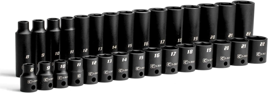 Ensemble de 30 douilles à impact Capri Tools 3/8" (8 à 22 mm), en acier chrome-molybdène de qualité supérieure, destiné à petites et grandes profondeurs.