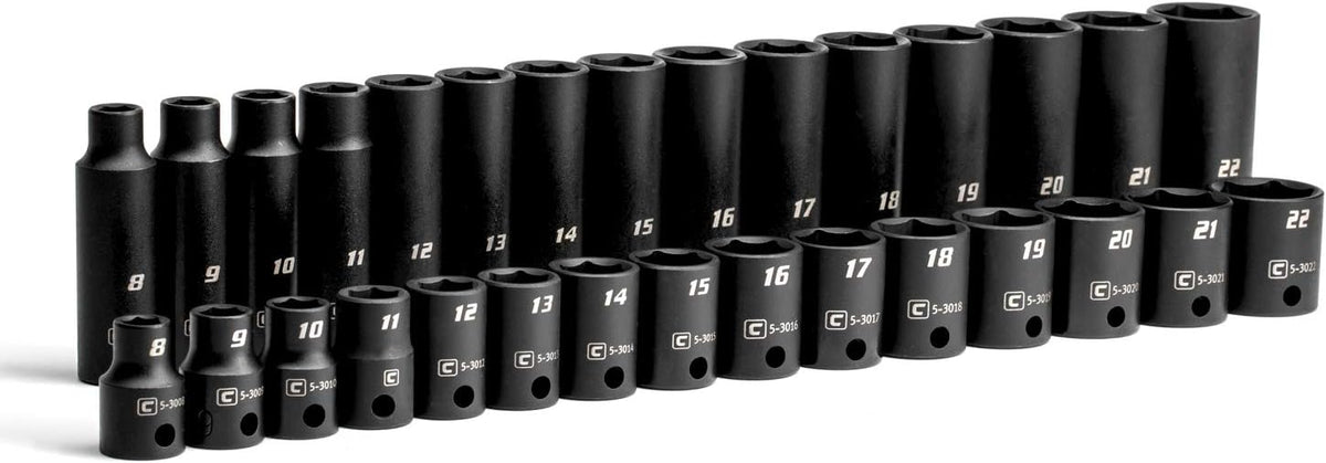 Ensemble de 30 douilles à impact Capri Tools 3/8" (8 à 22 mm), en acier chrome-molybdène de qualité supérieure, destiné à petites et grandes profondeurs.