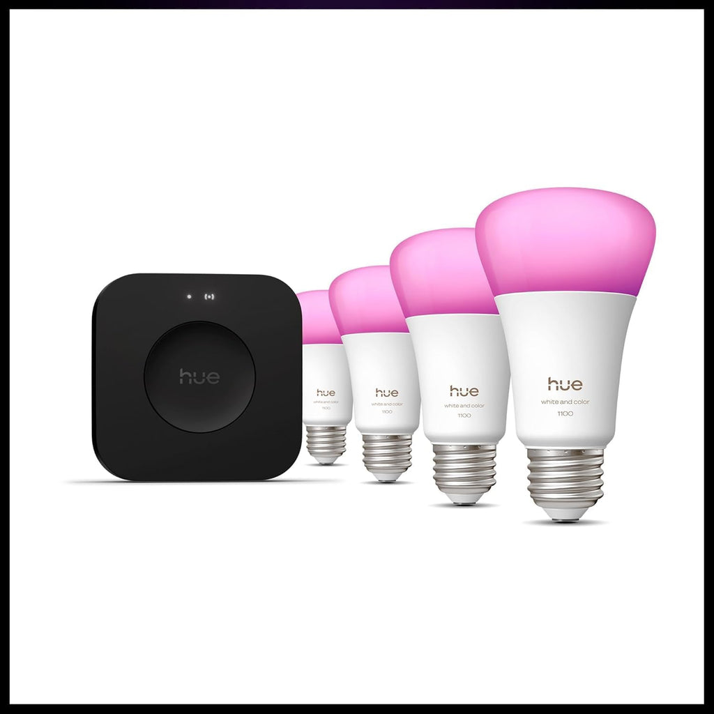 Ensemble de démarrage Philips Hue : Bridge Pro + 4 ampoules connectées A19 E26, blanc et couleur, intensité réglable, hub d'éclairage intelligent, compatible doté de Apple Home, Alexa, Google et Samsung SmartThings
