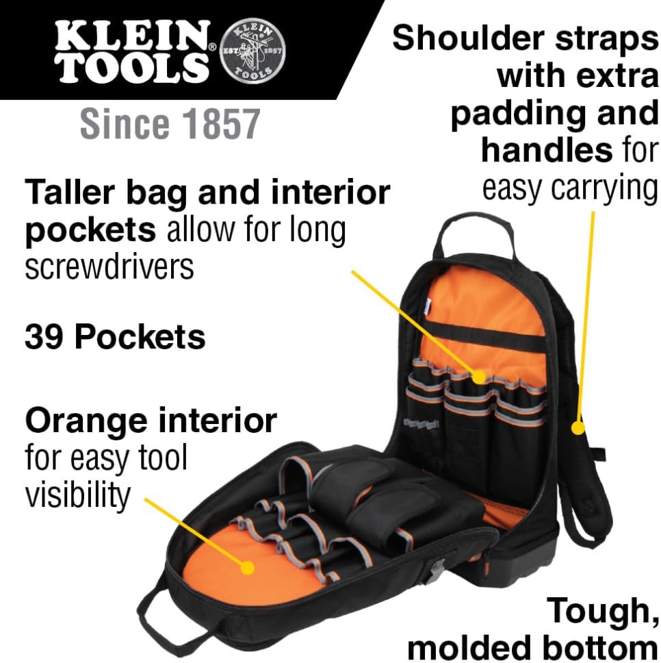 Trousse à équipements sac à dos Klein Tools 80038, sac à dos pour usage professionnel Tradesman, pochettes à équipements zippées et aimanteur, 4 pièces