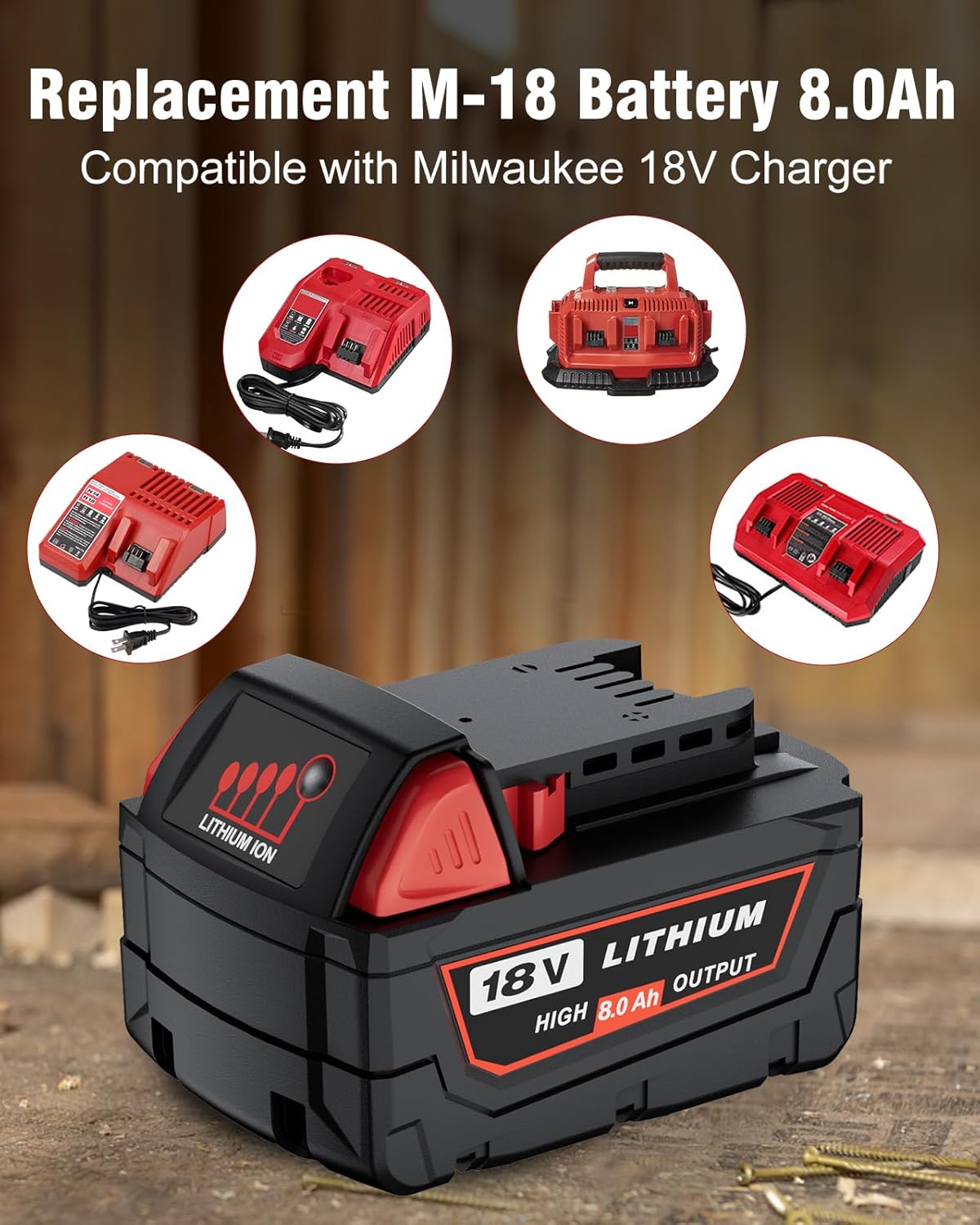 Lot de 4 batteries HOCHSTERN M-18 8,0 Ah, compatibles doté de les batteries Milwaukee 18 V 48-11-1862, 48-11-1852 et 48-11-1880. Compatibles doté de les équipements électroportatifs sans fil Milwaukee 18 volts.
