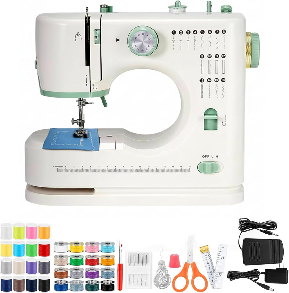Machine à coudre destiné à débutants, à double aiguille, 16 points intégrés, kit d'accessoires inclus, format compact idéal destiné à les voyages, les réparations de vêtements et le bricolage, doté de pédale.