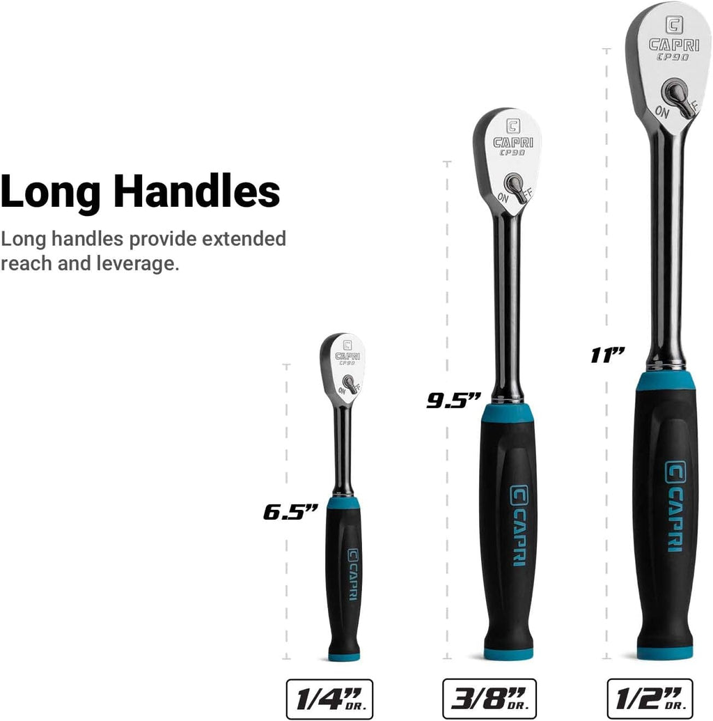 Clé à cliquet Capri Tools Fine 90 dents, poignée ergonomique souple, entraînements 1/4, 3/8 et 1/2 po, 3 pièces – sélection pratique