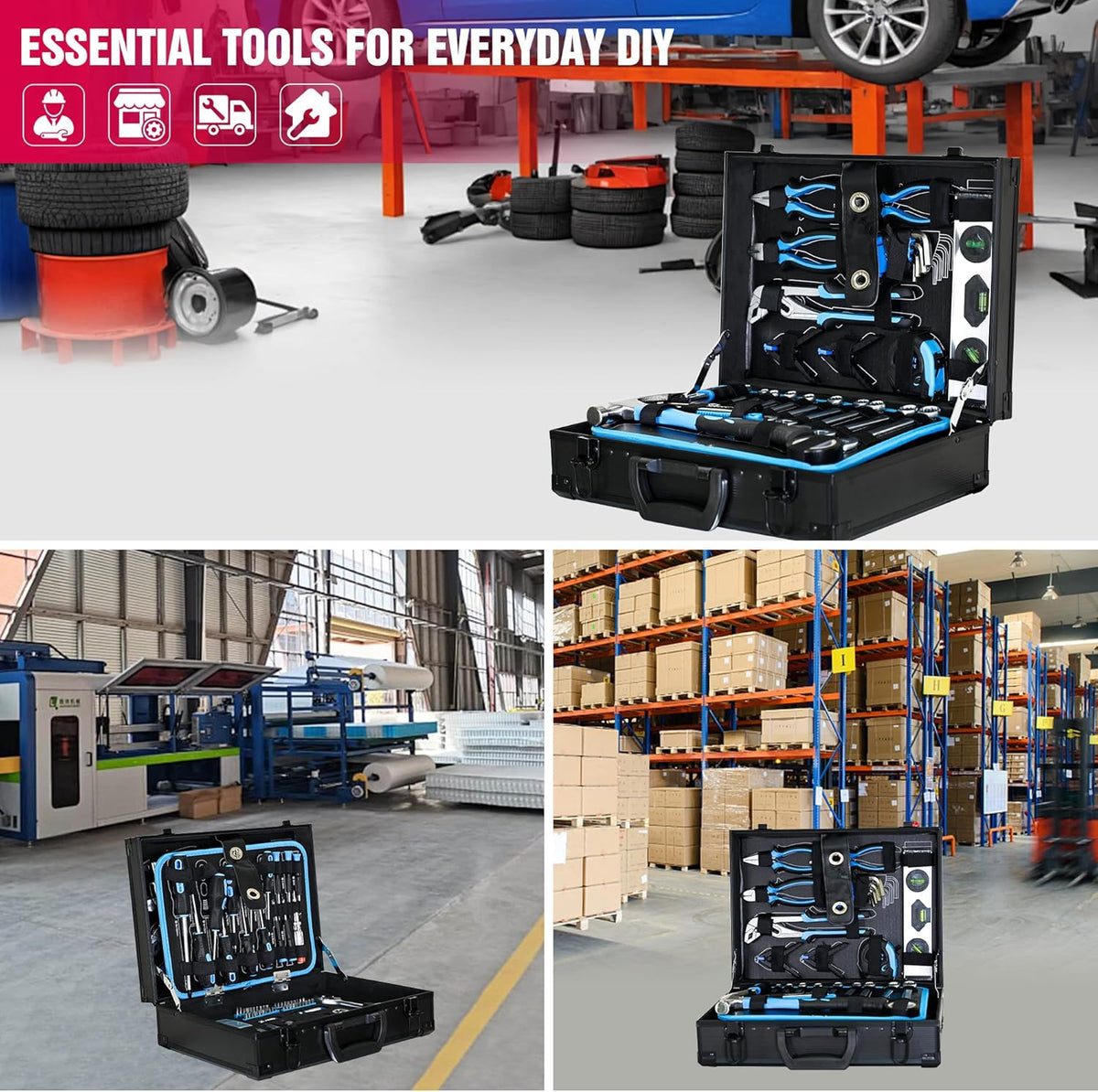 Coffret d'outils de mécanicien 247 pièces, coffret à outils en aluminium de qualité supérieure avec outils inclus, kit d'outils de réparation générale pour la maison, l'automobile et le bricolage, jeu de clés à douille 1/4 et 1/2, bleu