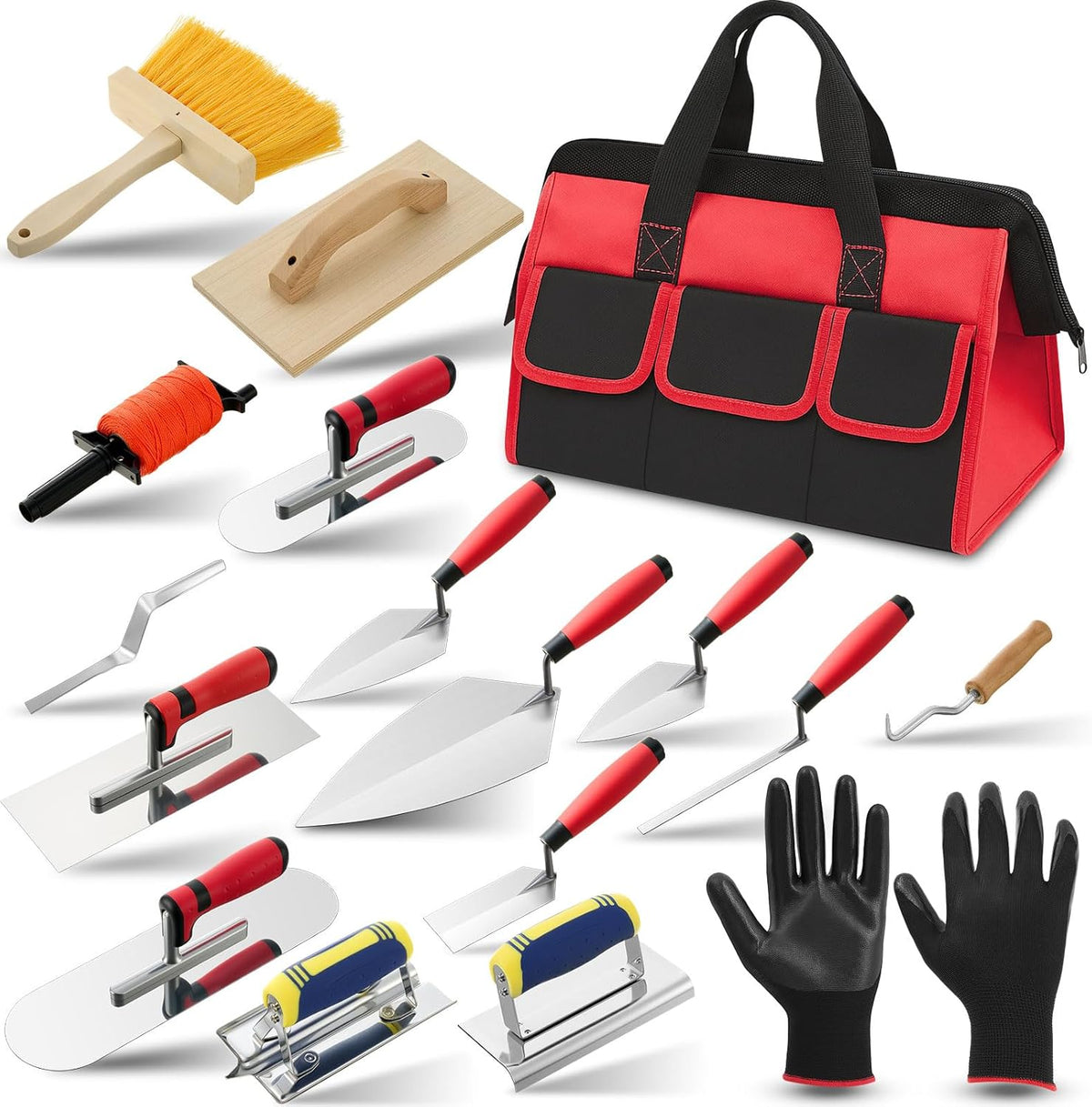 ensemble d'équipements de maçonnerie SiliFine 18 pièces doté de sac à équipements, comprenant couteaux à mastic, gants, crochets à barres d'armature et équipements en acier inoxydable destiné à la maison, le bricolage et les travaux de maçonnerie...