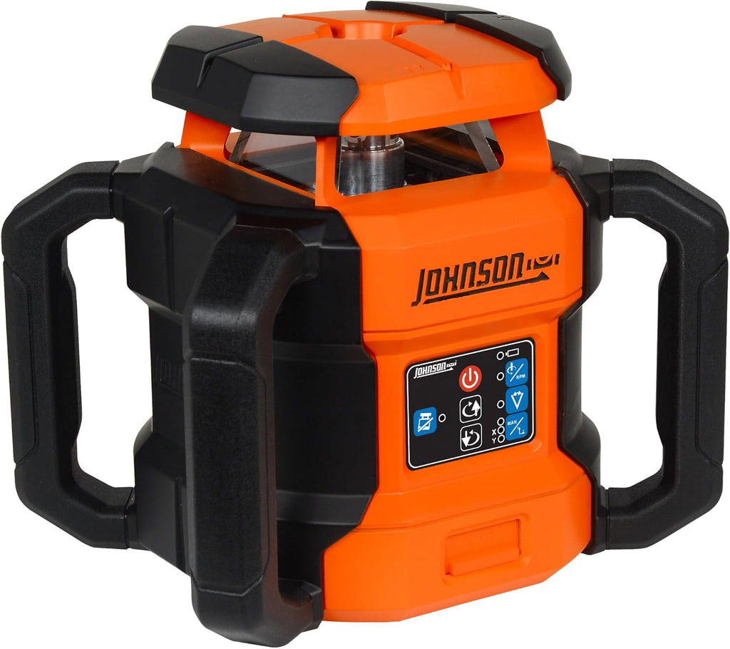 Système laser rotatif à double pente autonivelant rouge Johnson Level & Tool JRT300-RDHV-S, portée pour 1 220 m, batteries lithium-ion, cible magnétique, détecteur laser, télécommande, trépied et mire de 4 m.