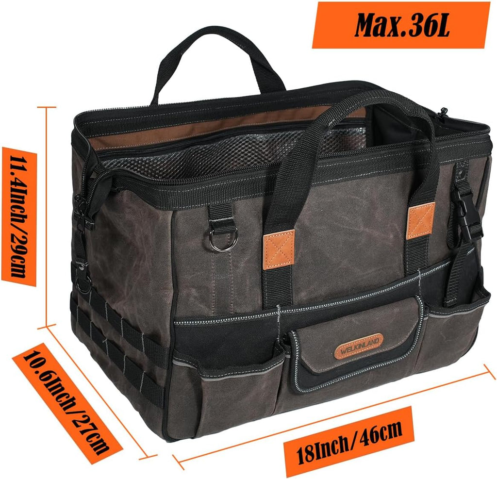 Sac à équipements WELKINLAND 45,7 cm (18 pouces) en toile cirée, sac à équipements électrique robuste, sac à équipements à grande ouverture et 28 poches, sac à équipements de 36 L destiné à hommes, sac à équipements CVC à accès rapide