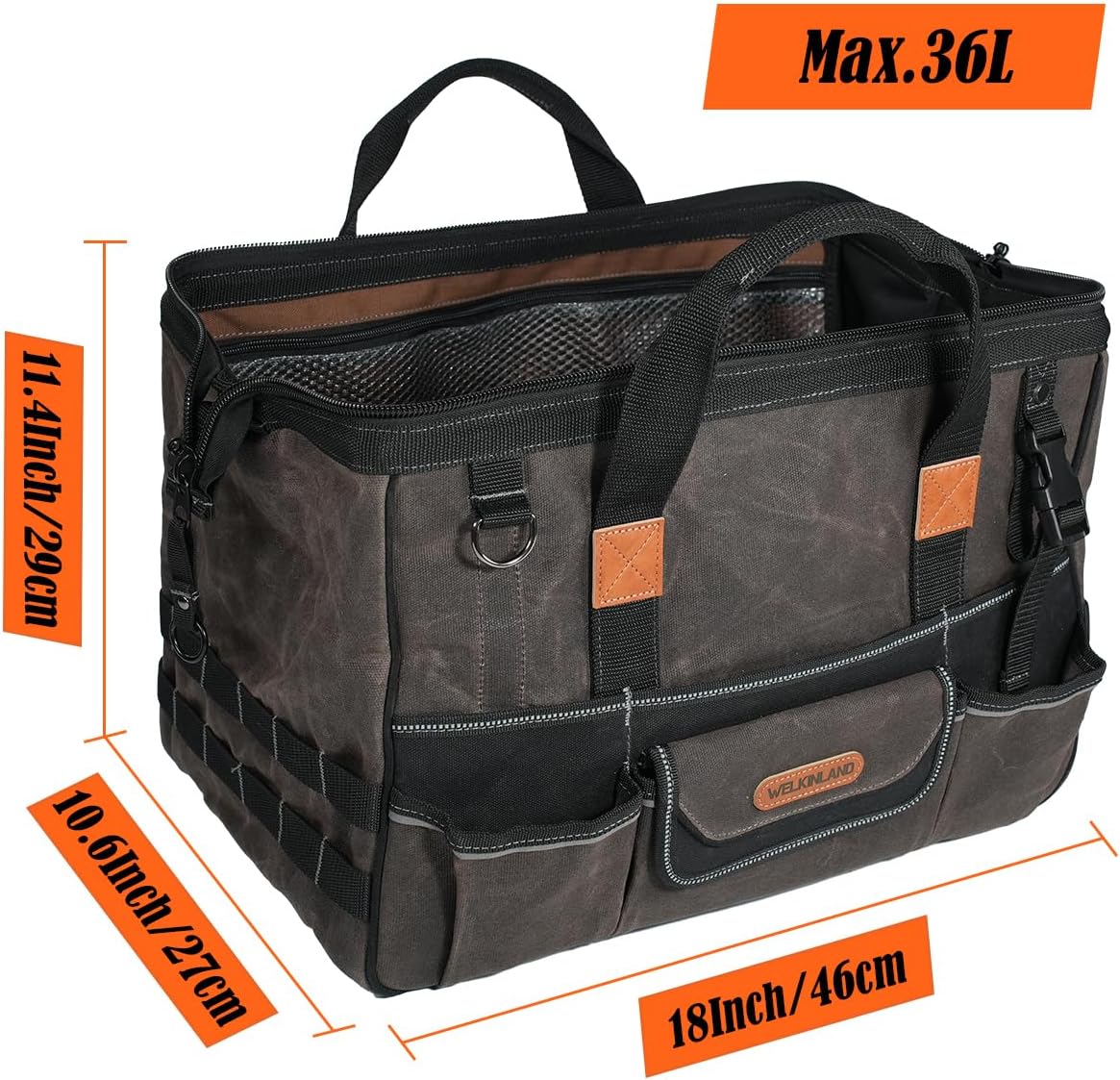 Sac à équipements WELKINLAND 45,7 cm (18 pouces) en toile cirée, sac à équipements électrique robuste, sac à équipements à grande ouverture et 28 poches, sac à équipements de 36 L destiné à hommes, sac à équipements CVC à accès rapide