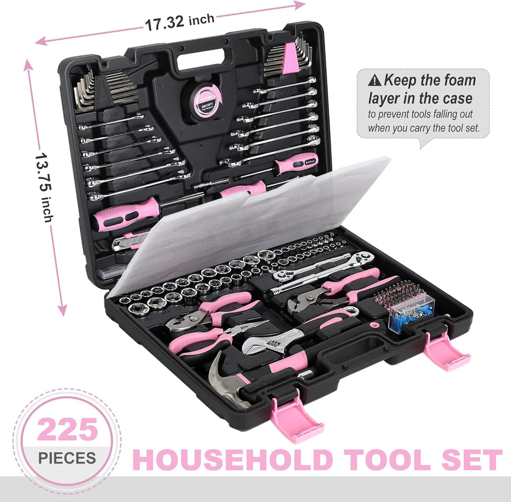 Ensemble d'équipements rose FASTPRO 225 pièces, ensemble d'équipements à main de mécanicien SAE et métriques doté de boîte à équipements, ensemble d'équipements de réparation destiné à la maison et l'automobile, idéal destiné à le bricolage...