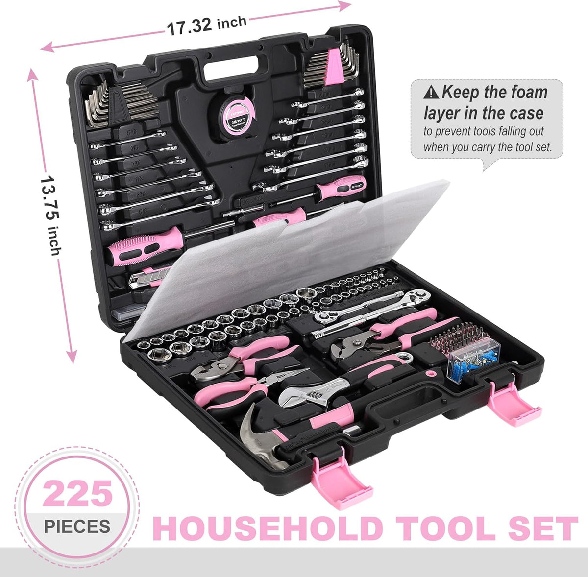 Ensemble d'équipements rose FASTPRO 225 pièces, ensemble d'équipements à main de mécanicien SAE et métriques doté de boîte à équipements, ensemble d'équipements de réparation destiné à la maison et l'automobile, idéal destiné à le bricolage...
