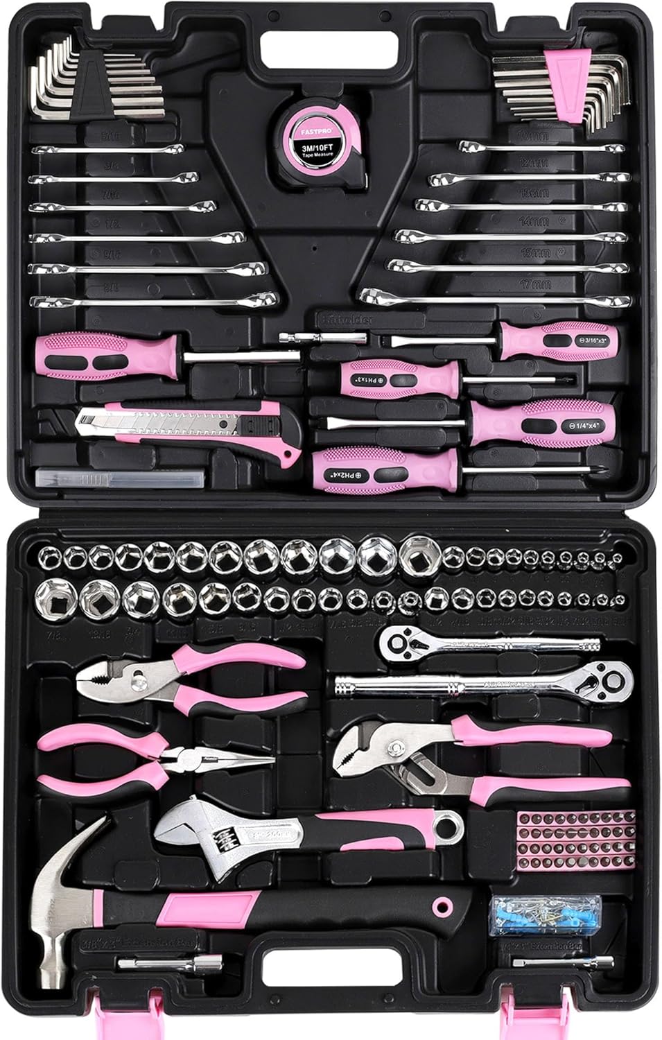 Ensemble d'équipements rose FASTPRO 225 pièces, ensemble d'équipements à main de mécanicien SAE et métriques doté de boîte à équipements, ensemble d'équipements de réparation destiné à la maison et l'automobile, idéal destiné à le bricolage...
